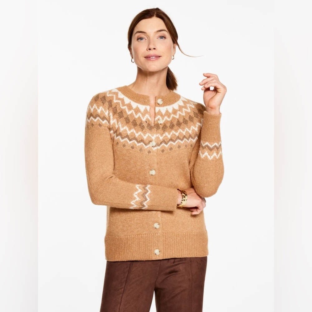 Talbot CREWNECK CARDIGAN - FAIR ISLE YOKE Sweater Tan Wool Cream XS *o